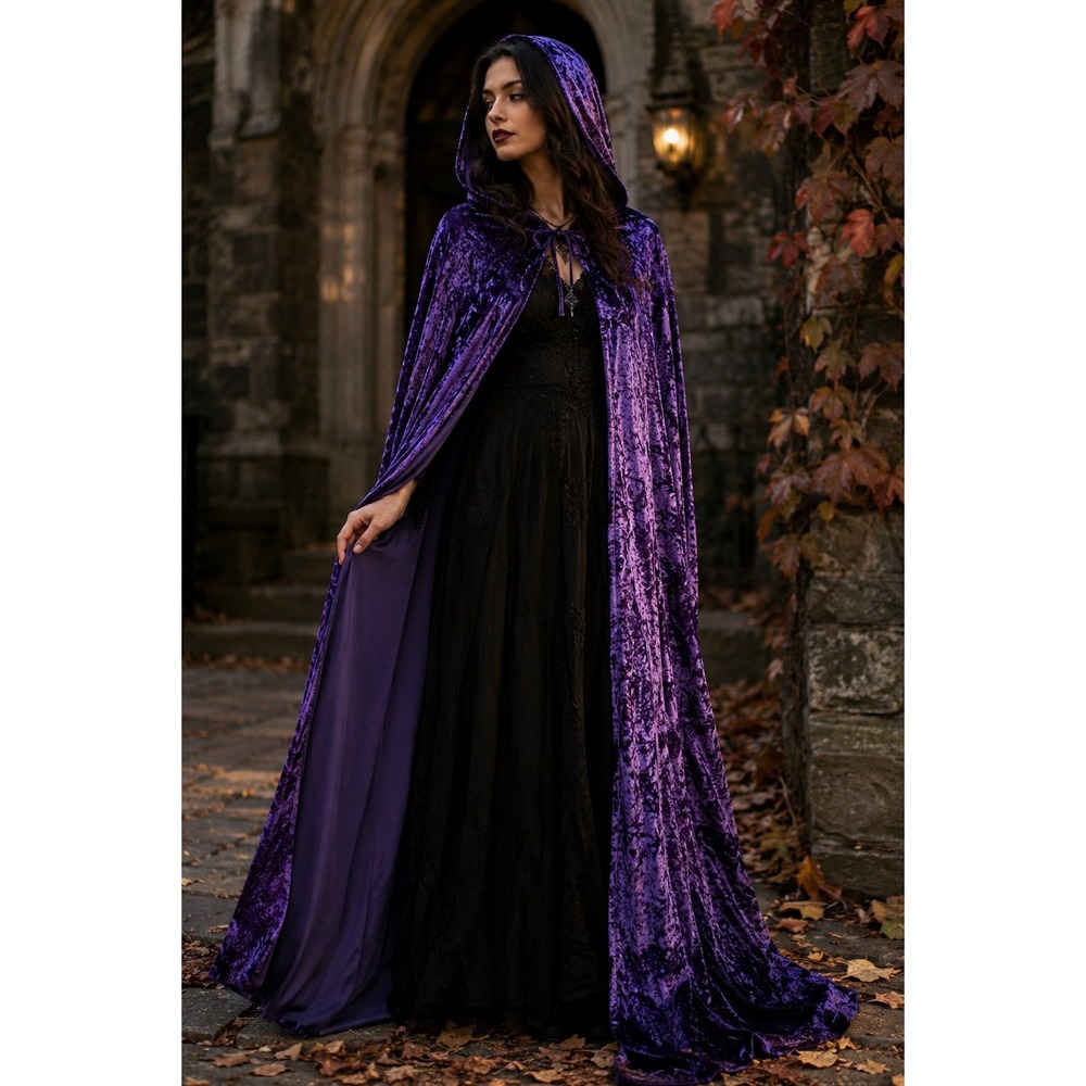 Spirit Halloween Purple Crushed Velvet Hooded Cape Cloak Whimsigoth OS 50"